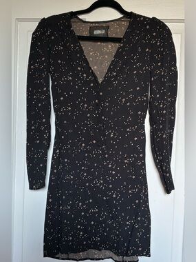 Reformation Black Star-Print Long Sleeve Mini Dress in Cream Stars